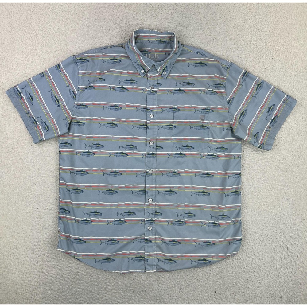 Huk Shirt Mens Large Blue Fish Print Short Sleeve Button Up Fishing Logo Casual